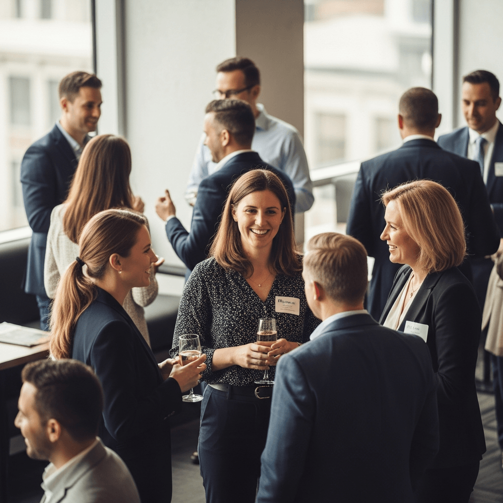 Show a diverse group of professionals networking and engaging in conversation, showcasing the dynamic and extensive candidate network of Phifer & Company.